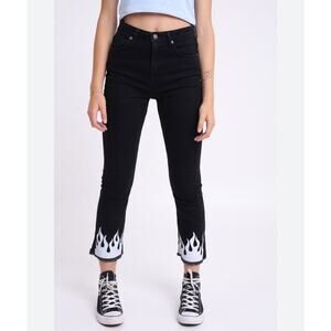 NWT Subdued Black Crop Flare Button Fly Raw Hem Front and Pocket White Flames 26